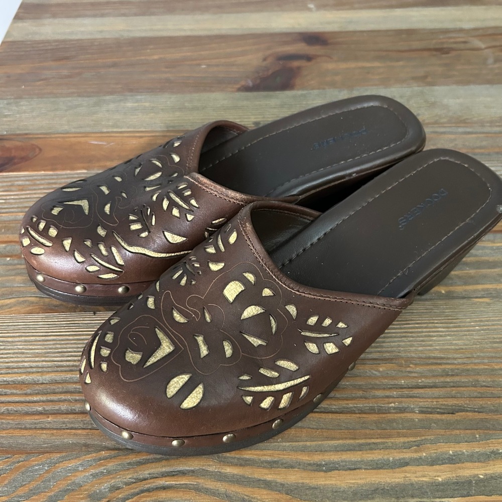 Dockers Brown Leather Laser Cut Floral Wedge Clogs Studded Mules clogs 9.5M